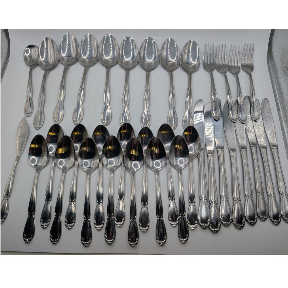 Vtg Hanford Forge Carolyn Flatware Stainless Steel Floral Scroll 36pc Korea